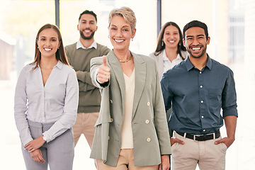 Image showing Portrait, thumbs up and woman manager with people success, business teamwork and thank you sign or emoji. Group, leadership and happy person or employees like, yes and okay or thanks and winning hand