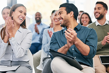 Image showing Business people, applause and staff in a workshop, funny or teamwork with collaboration, support or success. Coworkers, audience or group clapping, humor or seminar for corporate training or laughing