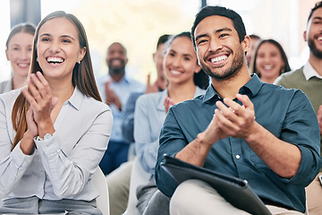 Image showing Business people, applause and staff in a workshop, celebration and teamwork with collaboration, smile and success. Coworkers, audience or group clapping, happiness and winning with corporate training