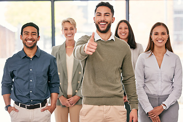 Image showing Thumbs up, portrait and business people with manager success, teamwork and thank you sign or emoji. Group, leadership and happy man with employees for like, yes and okay or thanks and winning hand