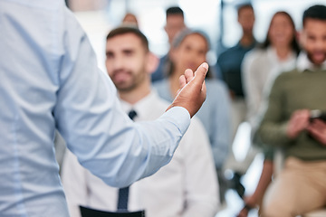 Image showing Speaker, hands and presentation for employees with close up for a meeting at conference room. Seminar, training and hand for discussion with corporate team for learning about business or career.