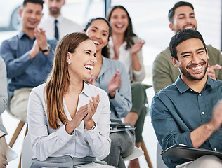 Image showing Business people, applause and group in a workshop, collaboration and seminar with support, audience and crowd. Staff, men or women in a conference, clapping and solidarity with celebration and growth