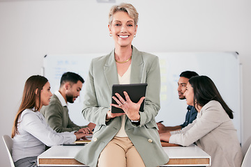 Image showing Tablet, meeting and portrait of happy woman or manager for employees engagement, b2b planning and agenda or schedule. Leadership, business management and person with digital technology in office