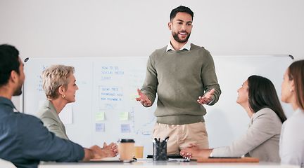 Image showing Presentation, whiteboard and business people with manager for audience training, coaching and proposal for project ideas. Presenter, speaker or man speaking to clients of social media data and stats