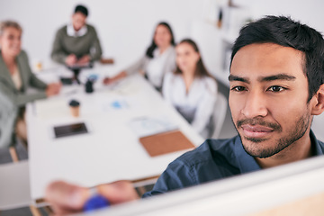 Image showing Writing, whiteboard and people, manager and business presentation in training, brainstorming or planning. Leader, asian person or presenter with team coaching, clients proposal or meeting ideas