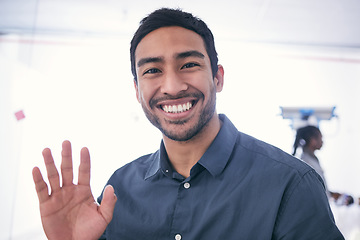 Image showing Wave, video call and portrait of business man in office for webinar, online meeting and conference. Internet, smile and virtual seminar with male employee for hello, welcome and communication