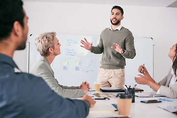 Image showing Business meeting, presentation and speaker, people and whiteboard for audience training, coaching or project ideas. Presenter, manager or man proposal, company pitch and clients attention in workshop