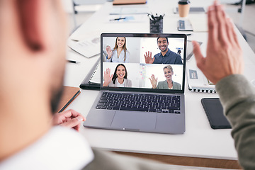 Image showing Video call, laptop screen and people in business meeting, remote work and virtual communication for job planning. Professional person wave hello on computer webinar, online discussion and happy team