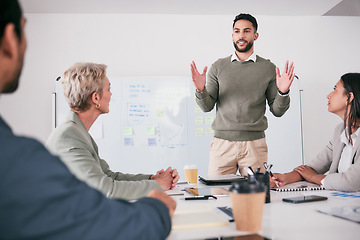 Image showing Business meeting, manager presentation and people on whiteboard for audience training, coaching and project ideas. Presenter, speaker or man proposal, company pitch and clients attention in workshop