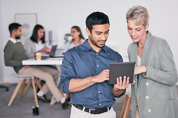 Image showing Tablet, advice and woman manager with meeting feedback, planning agenda and schedule on app. Leadership, management and business people with mentor check report, digital technology and collaboration