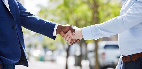 Image showing Black man, hiring or businessman shaking hands in city for b2b negotiation or contract agreement. Handshake, thank you or zoom of manager meeting, networking or partnership deal opportunity outdoors