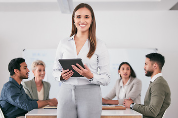 Image showing Tablet, business meeting and portrait of woman manager for employees engagement, b2b planning and agenda or schedule. Leadership, management and happy person with digital technology in office