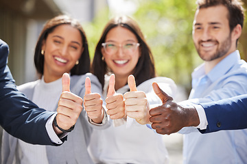 Image showing Portrait, teamwork or thumbs up of business people outside in agreement for success growth in park. Diversity, motivation or happy employees in group collaboration with yes, like sign or thumb up