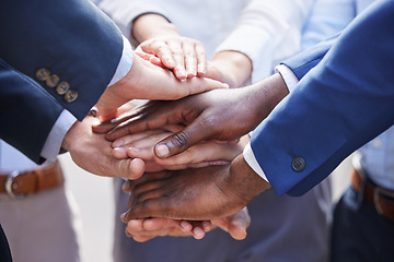 Image showing Stack, team building or hands of business people outside in collaboration for mission goals or support. Diversity, closeup or employees in meeting with goals, teamwork or motivation outdoors together