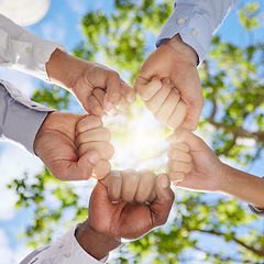 Image showing Fist bump, team building or hands of business people in nature for collaboration for eco friendly outside. Sustainability, below fists or employees meeting with growth, teamwork or support outdoors