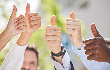 Image showing Hands, teamwork or thumbs up of business people outside in agreement for success growth in park. Diversity, motivation or employees in group collaboration with yes, like sign or thumb up outdoors