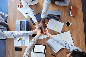 Image showing Hands in stack, teamwork or top view of business people in collaboration for mission goals in company. Partnership, diversity or employees in meeting with strategy, motivation or support in office