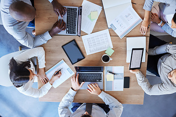 Image showing Documents, planning and teamwork with business people in meeting from above for data, chart and strategy. Project management, budget and report with employees in office for finance, graph or research