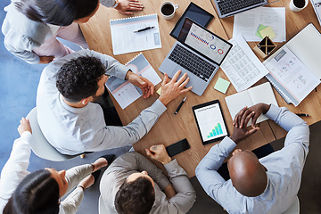 Image showing Laptop, planning and teamwork with business people in meeting from above for data, chart and strategy. Project management, budget and report with employees in office for finance, graph and research