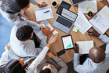 Image showing Research, planning and teamwork with business people in meeting from above for data, chart and strategy. Project management, budget and report with employees in office for finance, graph and laptop