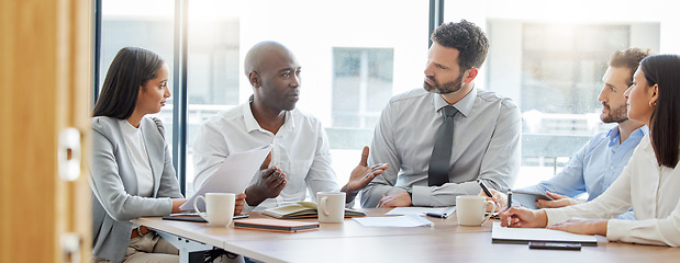 Image showing Collaboration, teamwork or business people in meeting for project management or speaking of a strategy. Black man, corporate or employees talking in discussion with our vision for growth in office