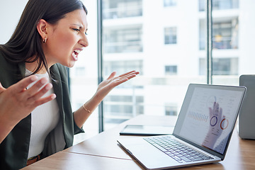 Image showing Mental health, businesswoman angry and with laptop at her desk in her workplace office. Stress or anxiety, problem or mistake and female person frustrated with data review in her workspace with pc