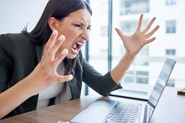 Image showing Mental health, businesswoman screaming at laptop and at her desk in her office workplace. Stress or frustrated, angry and female person shout at pc for data review or feedback at her workstation