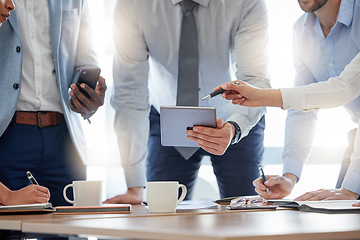 Image showing Closeup, business people and staff brainstorming, teamwork or digital planning for website launch. Group, coworkers or team with technology, online reading or search internet for information or ideas