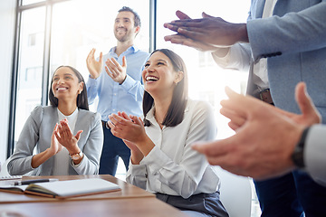 Image showing Success, audience with an applause and in a business meeting at work with a lens flare together. Achievement or celebration, motivation and businesspeople clapping hands for good news or support