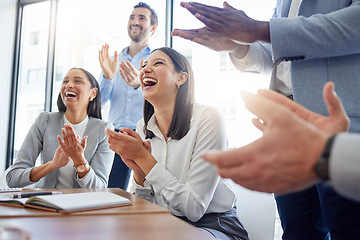 Image showing Motivation, audience with an applause and in a business meeting at work with a lens flare together. Support or celebration, success and colleagues clapping hands for good news or achievement