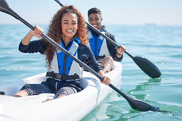 Image showing Kayak, holiday and couple at a lake, summer break and happiness with training, fitness and exercise. Kayaking, man and woman with water sports, fun and travel with adventure, recreation and hobby