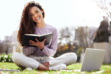 Image showing Woman on lawn, laptop and notebook, college student on campus and studying course material and education. Happy female person in outdoor portrait, learn and study online notes on pc with scholarship