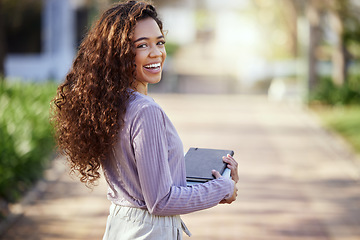 Image showing Woman with smile, books and student in campus garden, university and education with learning material for studying. Female person in outdoor portrait, academic scholarship and mockup space with study