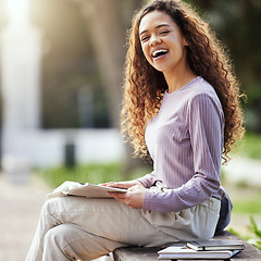 Image showing Happy woman, books and education with student on campus, learning with scholarship at university and outdoor. Female person in portrait with smile, college course material and textbook for studying