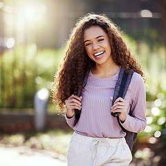 Image showing Woman with smile, backpack and student in campus garden, university with education and happy studying. Excited female person in outdoor portrait, academic scholarship and mockup space and college