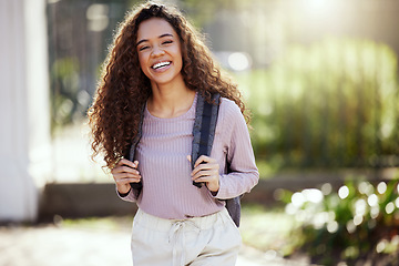 Image showing Portrait, happy woman with backpack and student in campus garden, university and education with studying. Excited female person outdoor, academic scholarship and mockup space and college course