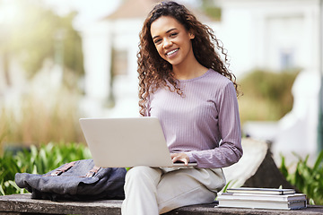 Image showing Woman, books and laptop with university student on campus, learning with scholarship at college and outdoor. Female person smile in portrait, course material and pc for studying with education