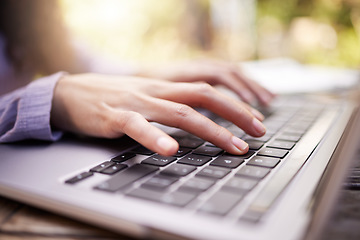 Image showing Typing, woman hands and laptop in garden for university research, college application or remote work outdoor. Park, search and person or student on computer of e learning, online education and study