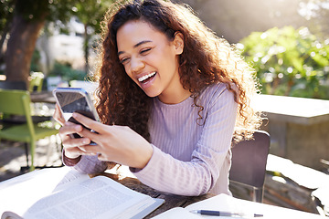 Image showing Phone, study and happy woman at cafe, outdoor campus or college on social media, education and language books. Gen z, park and young african person typing, search or chat on mobile in remote learning