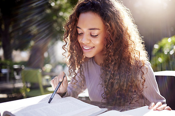 Image showing Reading, studying and woman with books outdoor in park, cafe or university campus, notes and exam goals. Planning, knowledge and african person or college student for remote work and scholarship