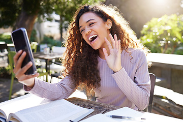 Image showing Phone, video call and woman student at cafe, outdoor campus or college for online education, e learning and books. Gen z, park and african person on webinar chat, remote learning and mobile for chat