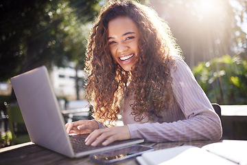 Image showing Portrait, woman and student with a laptop, outdoor and typing with a smile, connection and online reading. Face, female person or girl in a cafe, pc or technology with education, email and university