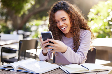 Image showing Phone, typing and woman or student at park, cafe or university campus in online education, remote learning or news. E learning, books and happy african person of study, social network or exam results