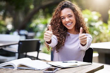 Image showing Thumbs up, studying and portrait of woman at outdoor campus, happy remote work or education books. Study, college and face of student or african person like, yes and thanks or success sign and hands