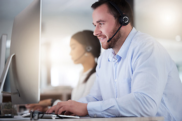 Image showing Call center, consulting and computer with business man in office for communication, customer service or help desk. Telemarketing, sales and advice with employee for commitment, contact us and hotline