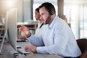Image showing Call center, consulting and computer with man in office for communication, customer service or help desk. Telemarketing, sales and advice with male employee for commitment, contact us and hotline