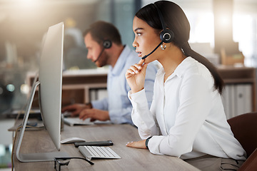 Image showing Call center, consulting and computer with business woman in office for communication, customer service and help desk. Telemarketing, sales and advice with employee for focus, contact us and hotline