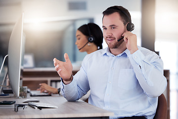 Image showing Call center, consulting and business man in office for communication, customer service or help desk. Telemarketing, sales and advice with male employee for commitment, contact us and hotline