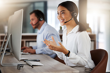 Image showing Call center, consulting and computer with woman in office for communication, customer service or help desk. Telemarketing, sales and advice with female employee for commitment, contact us and hotline