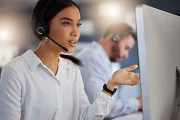 Image showing Call center, advisory and computer with woman in office for communication, customer service or help desk. Telemarketing, sales and advice with female employee for commitment, contact us and hotline